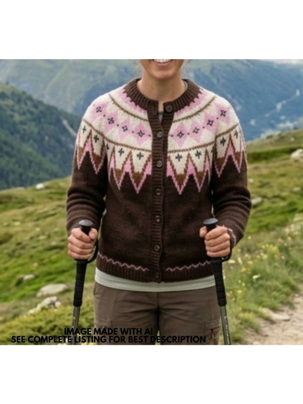 Vintage Nordic Cardigan M Chunky Knit Sweater Ski Outdoors Hiking